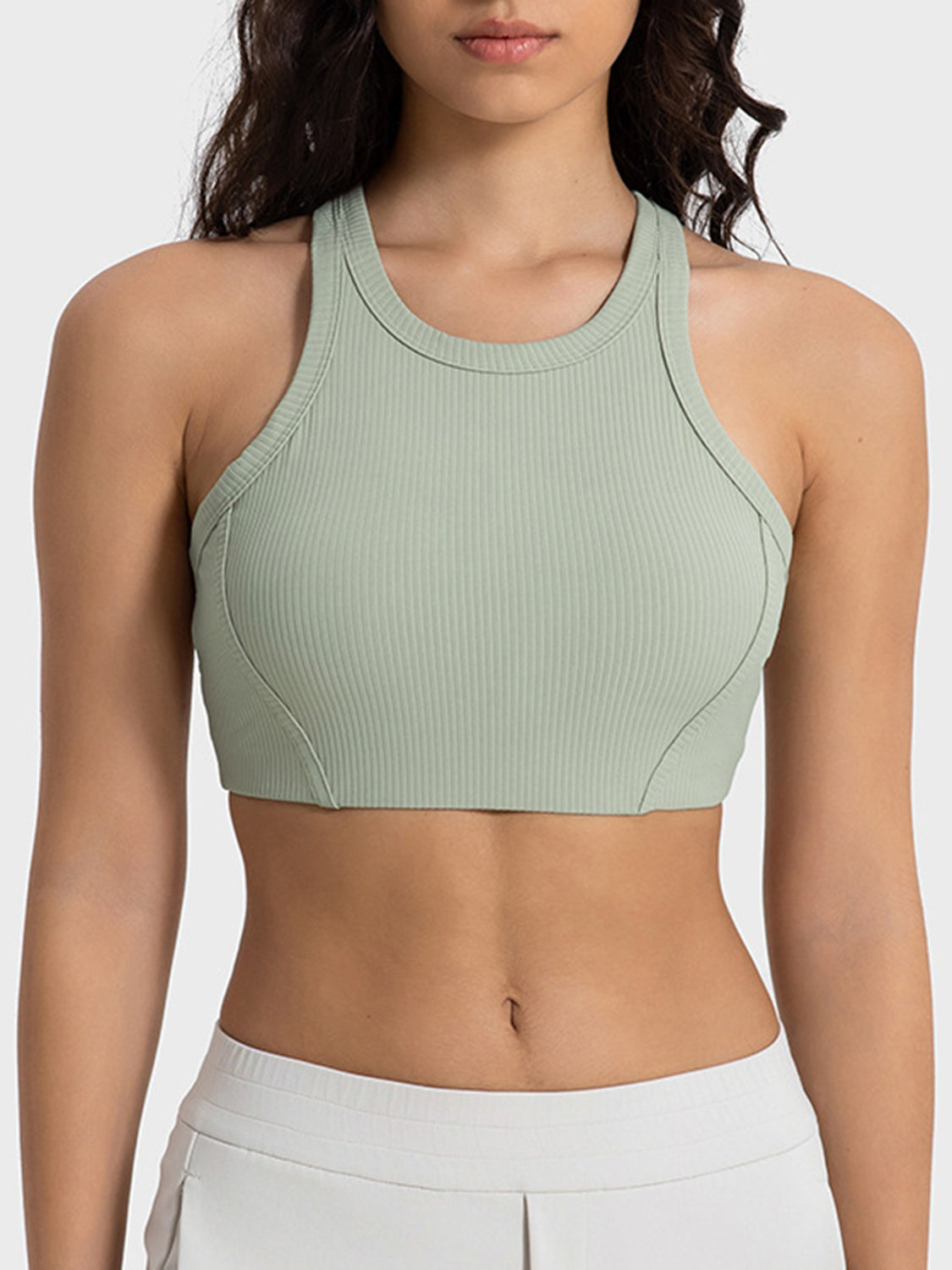 Sage cropped sport tank with wide straps and ribbed knit texture