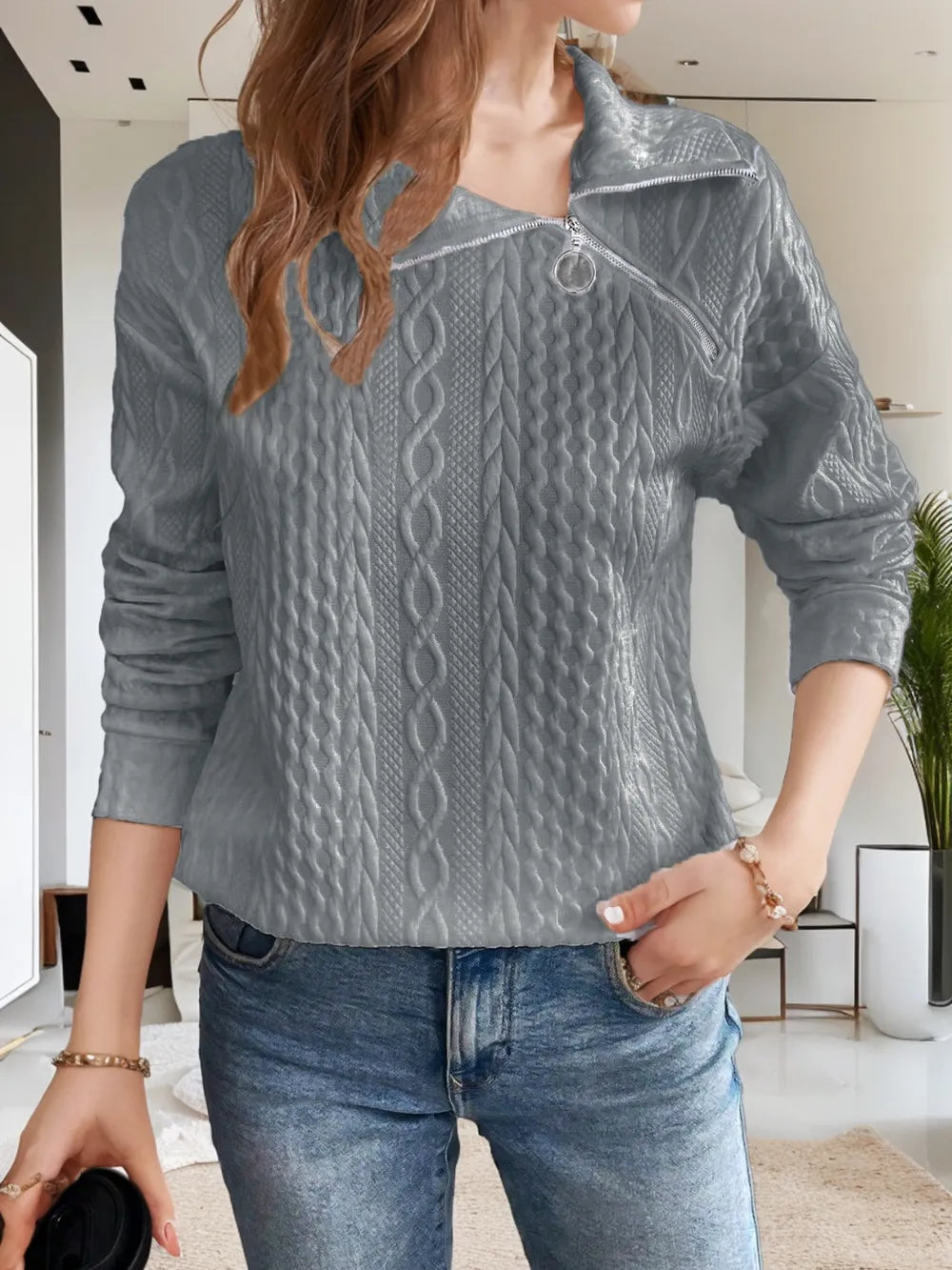 Dark gray long-sleeve sweatshirt with collared neck and diagonal zipper detail