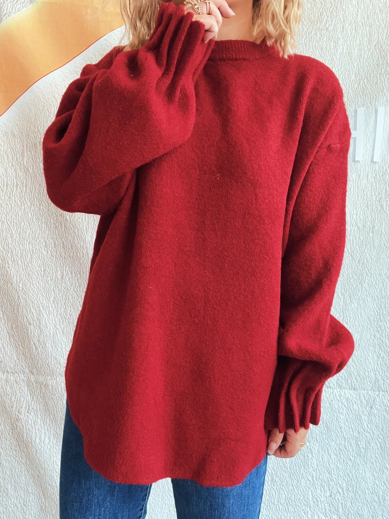 Dropped-shoulder sweater, red, back view, round neckline, long sleeves
