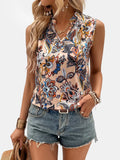 Printed notched sleeveless top, tan floral paisley print with notched neckline