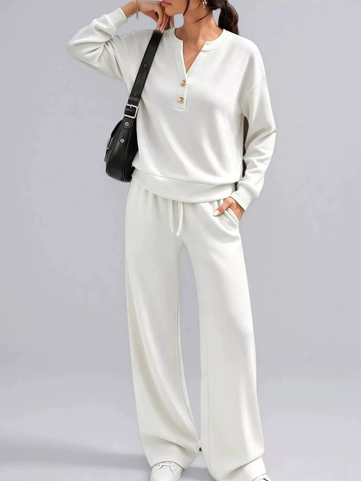 White button-detail long-sleeve top and wide-leg pants set with drawstring waist