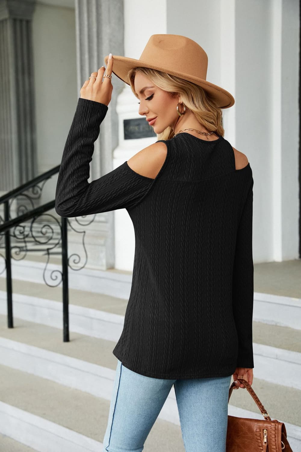 Black cold-shoulder long-sleeve blouse, textured knit, open shoulder cutouts