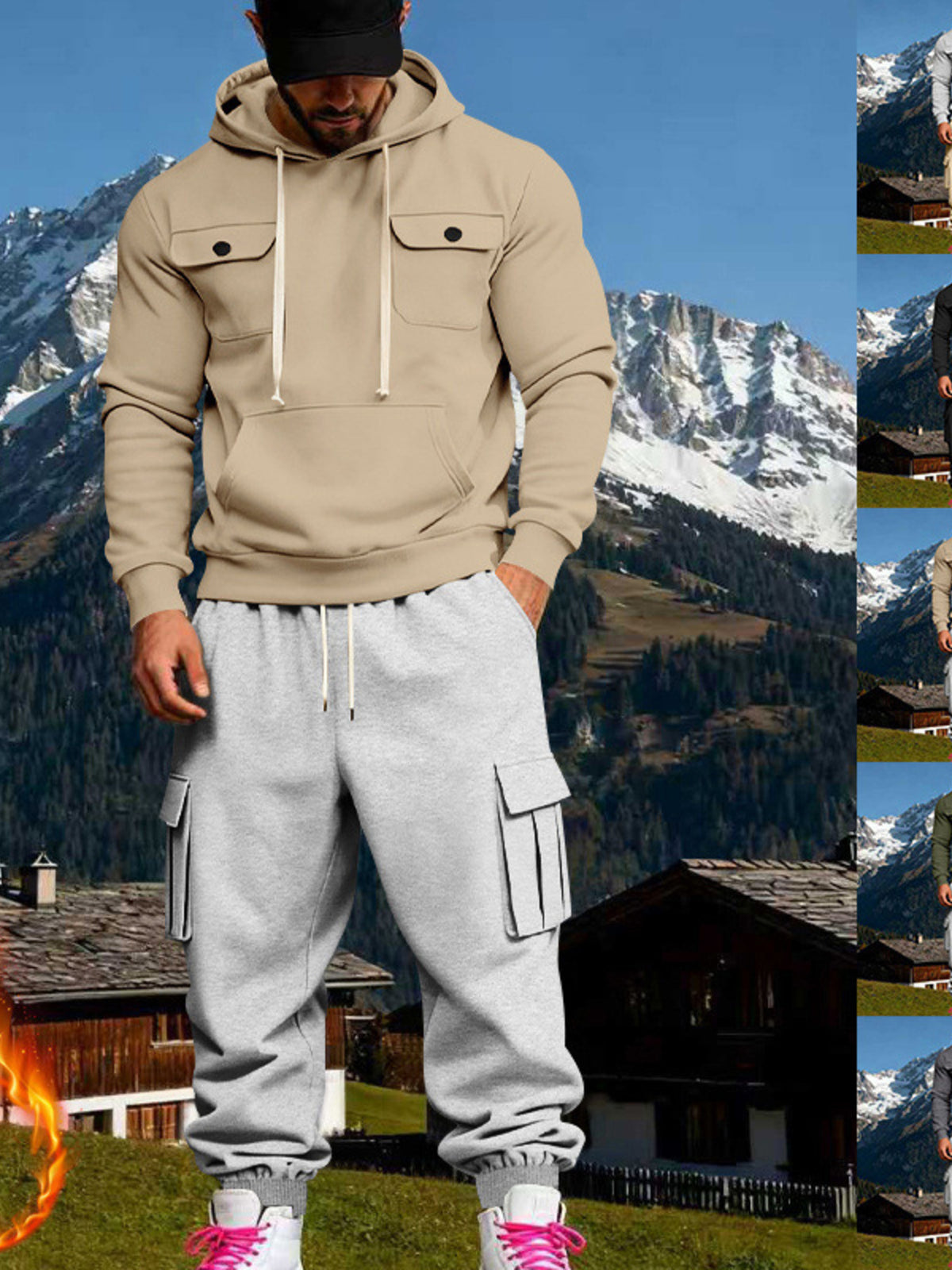Tan kangaroo hoodie set with drawstring and gray cargo sweatpants