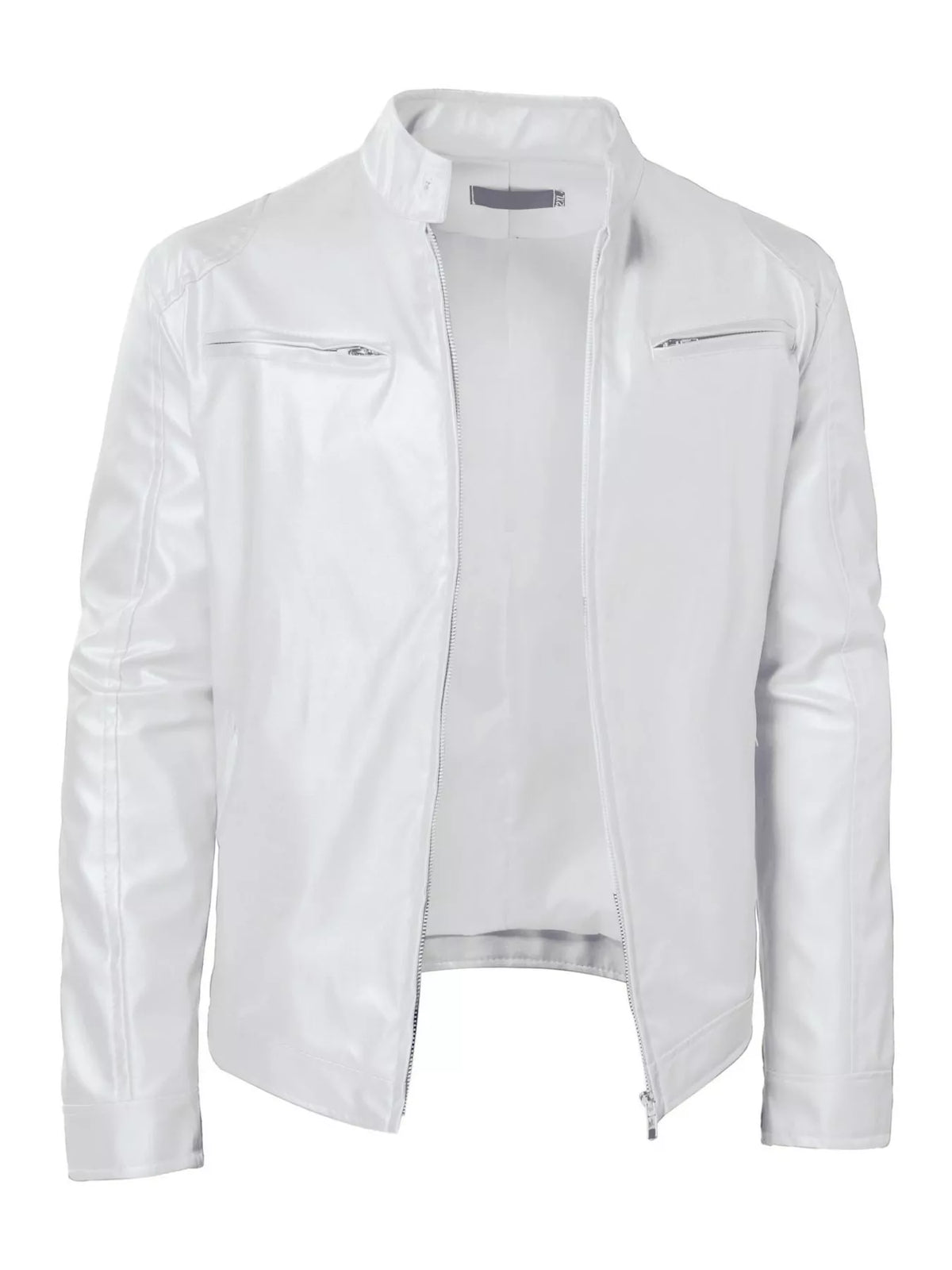 Men's zip-up vegan leather jacket, white, stand collar with front zip and chest pockets