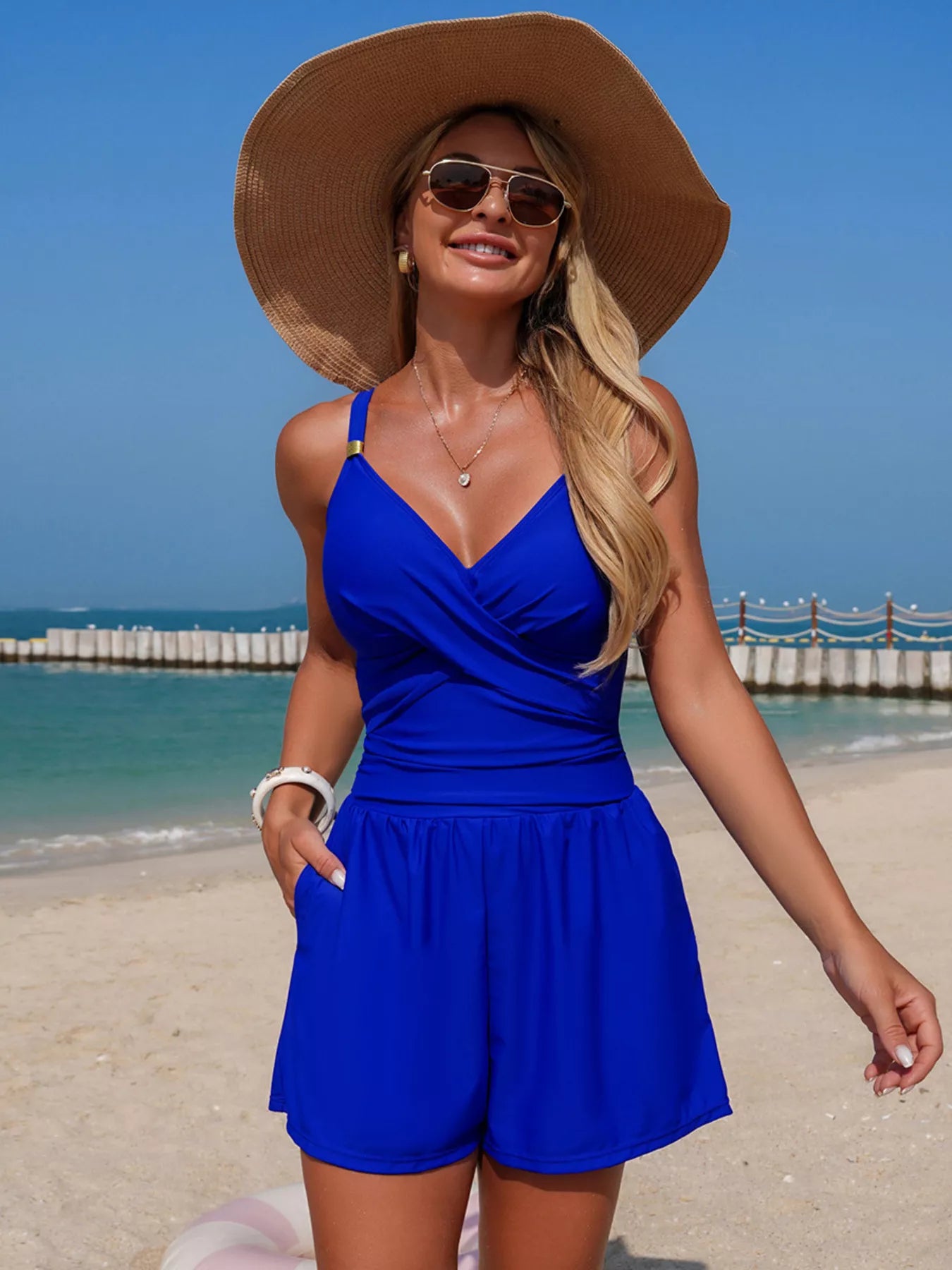 V-Neck Spaghetti Strap One-Piece Swimsuit in royal blue with pocketed chest by Trendsi