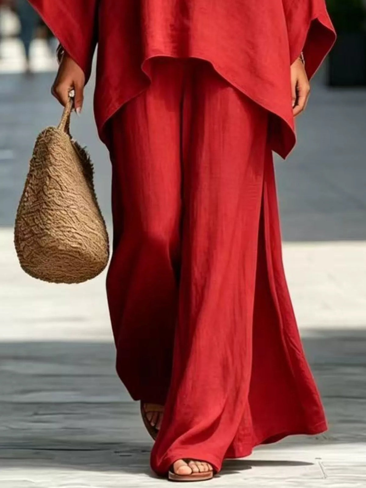Red wide-leg pants with batwing tunic top set