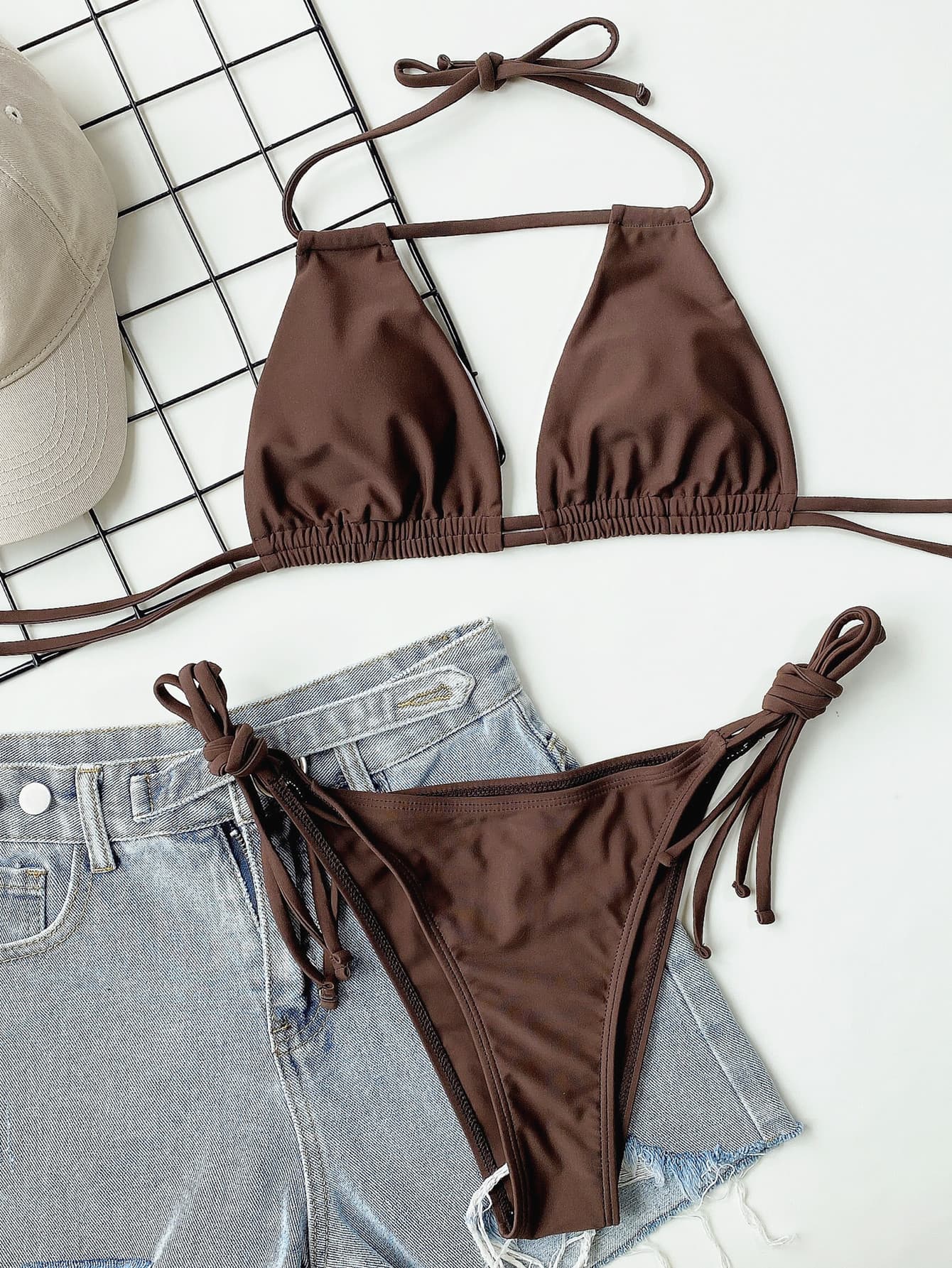 Chocolate halter bikini set with ruched triangle top and tie-side bottoms