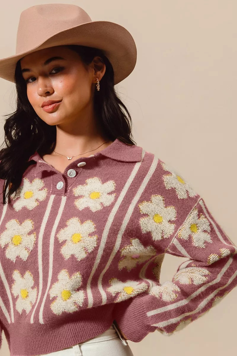 Mauve floral stripe polo-collar sweater with button placket and long sleeves