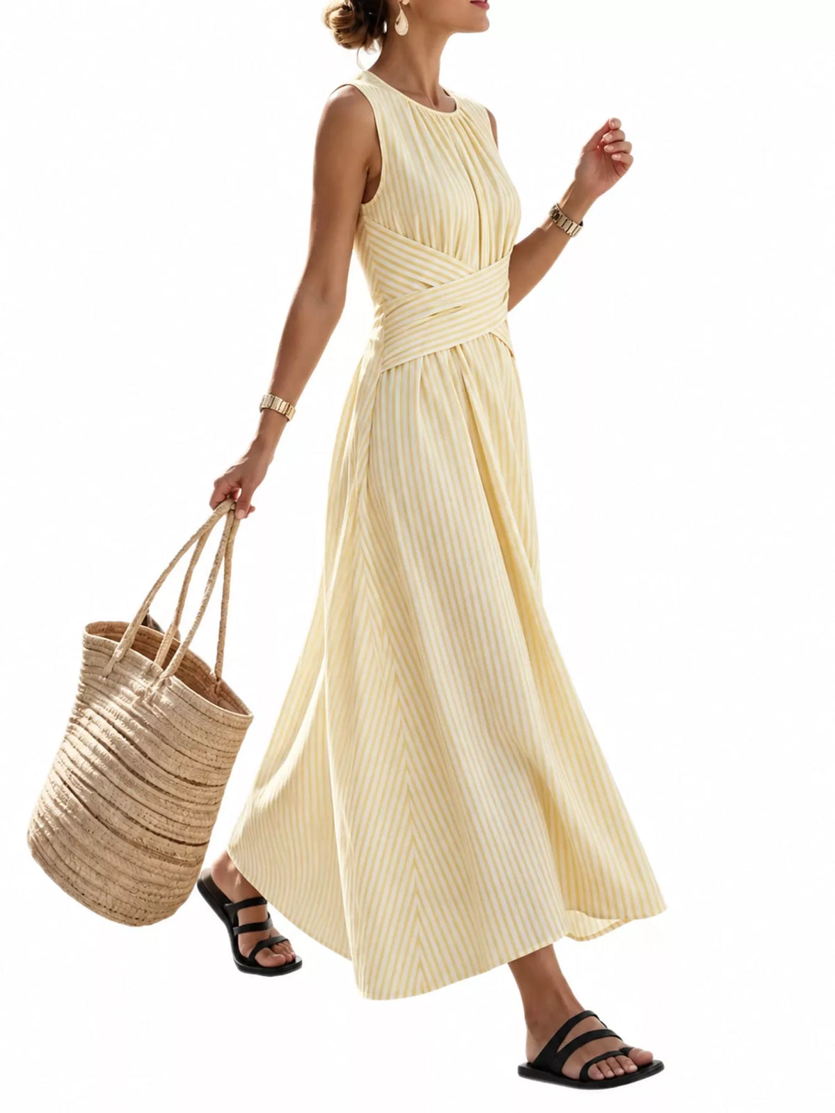Light yellow striped sleeveless maxi dress with crisscross waist and gathered neckline