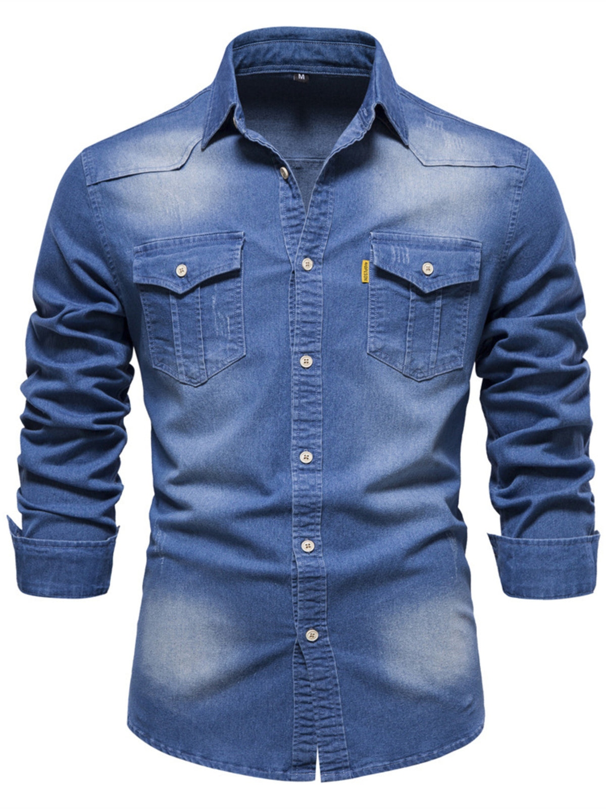 Men's medium blue denim button-up shirt with chest pockets and long sleeves