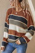 Striped round-neck long-sleeve sweater in brown, navy, cream, and tan bands