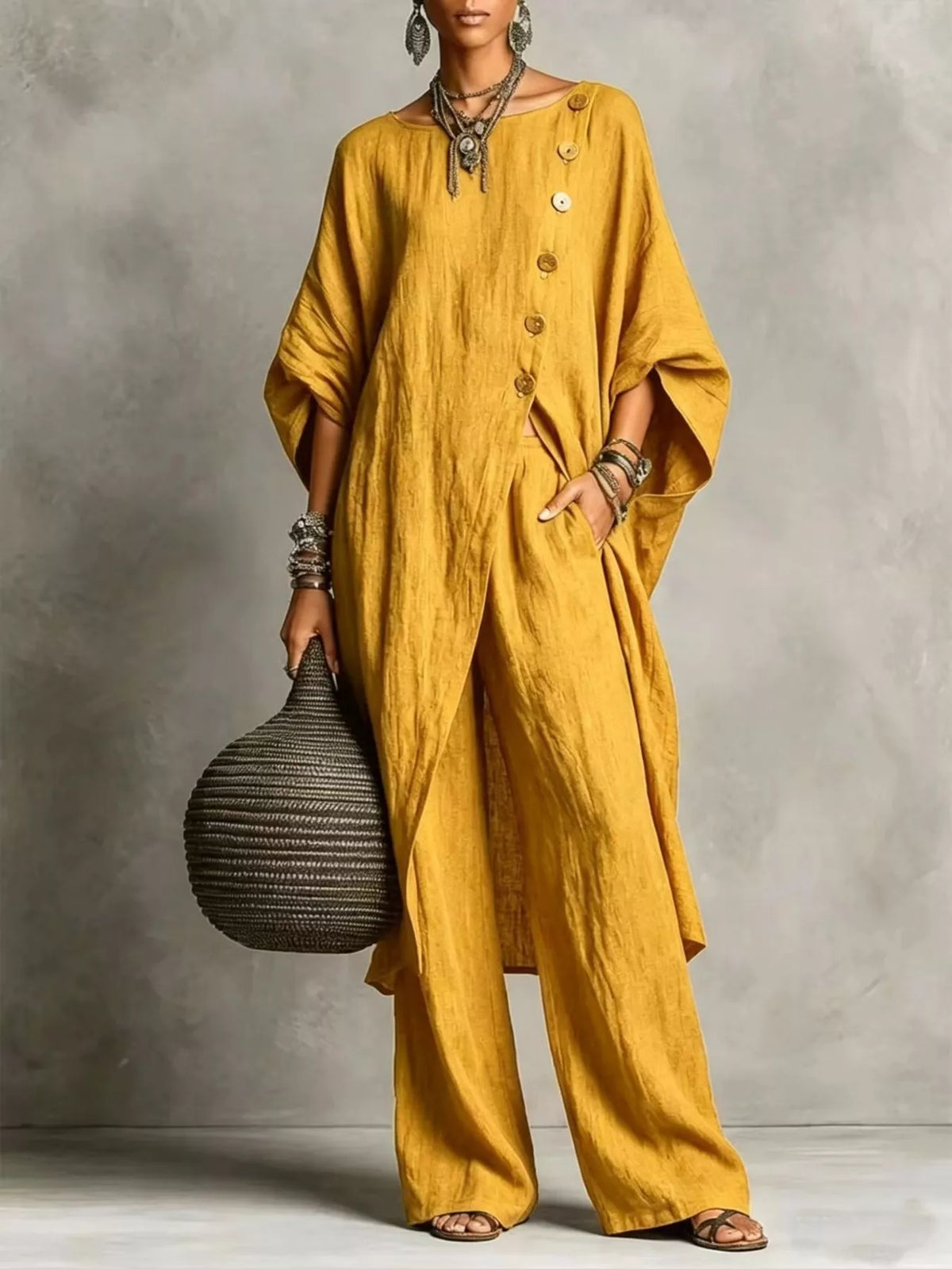 Yellow two-piece button-front tunic and wide-leg pants set, 3/4 sleeves