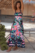 Square-neck wide-strap dress with multicolor floral print and tiered ruffle hem