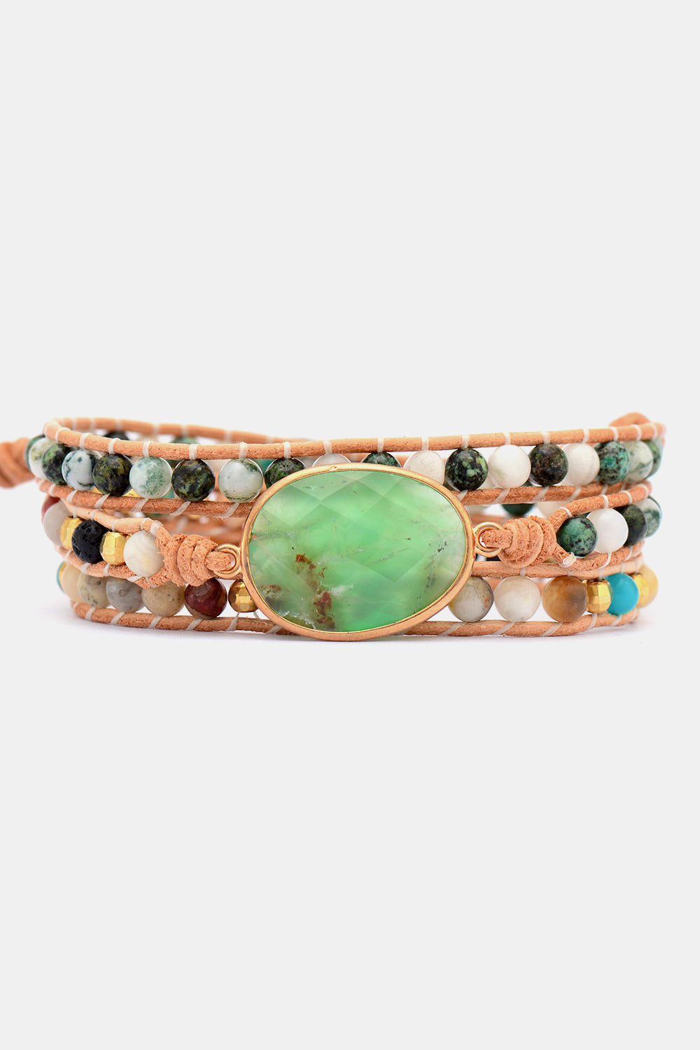 Layered beaded bracelet with large turquoise oval stone and copper frame, multiwrap