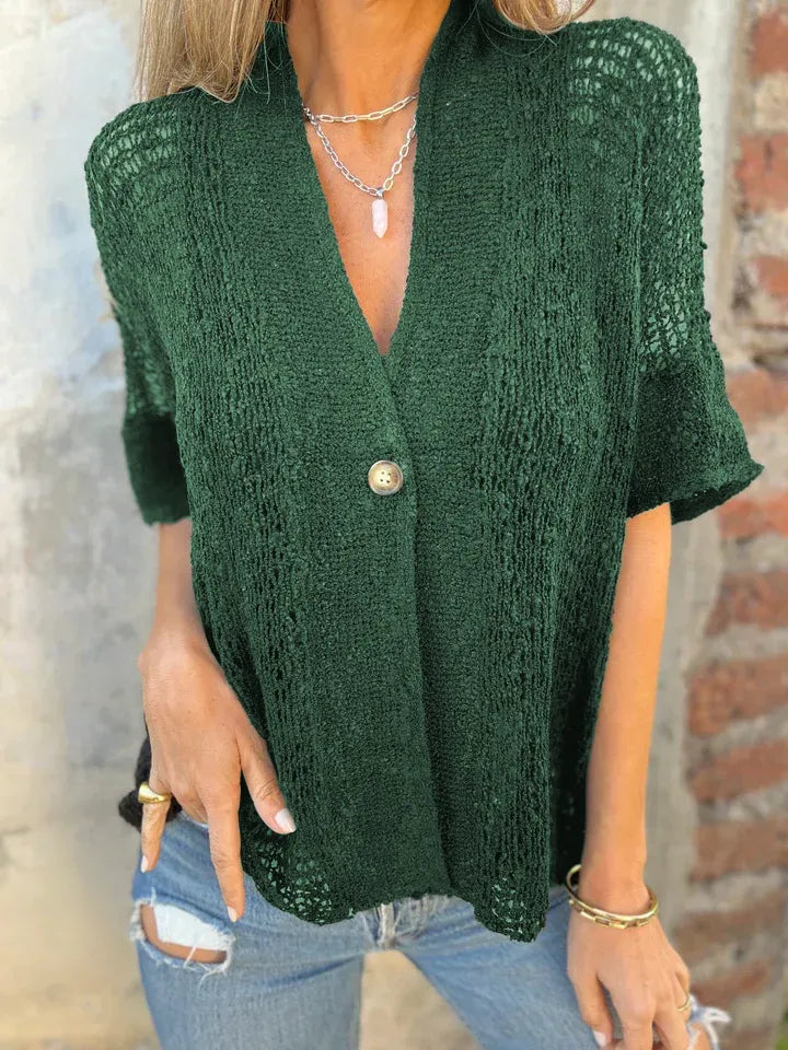 One-button openwork cardigan in green, V-neck, short sleeves, button-front knit texture
