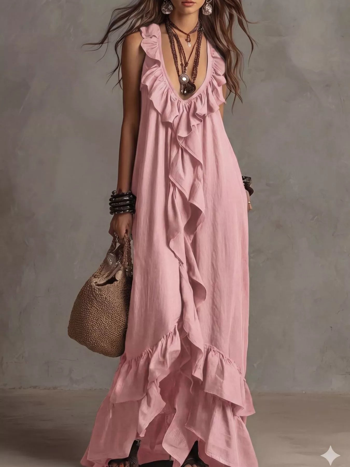 Blush pink sleeveless maxi dress with layered ruffle front and tiered hem