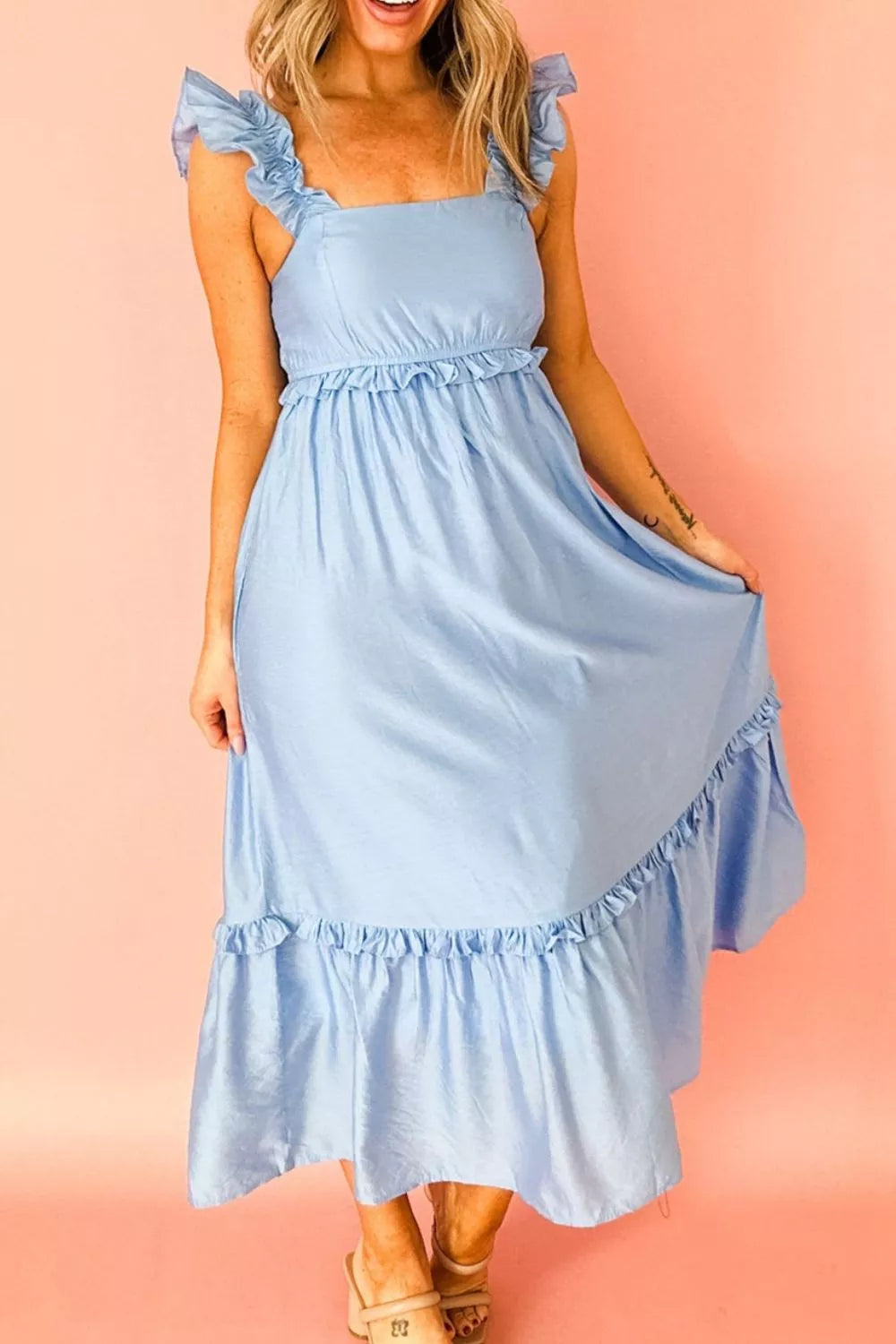Cedar & Moore Solid light blue ruffle-trim high-waist sleeveless dress