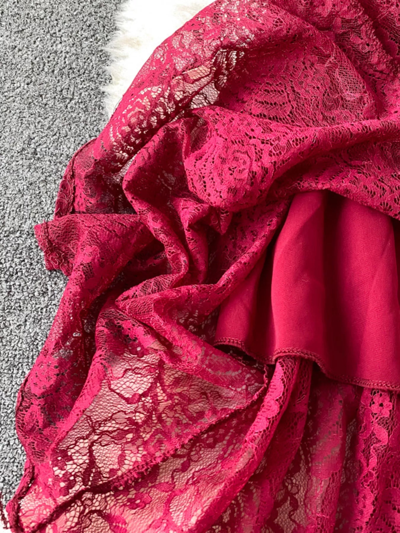 Cedar & Moore - Ruffled Mock Neck Lace Maxi Dress by Trendsi in hot pink lace fabric