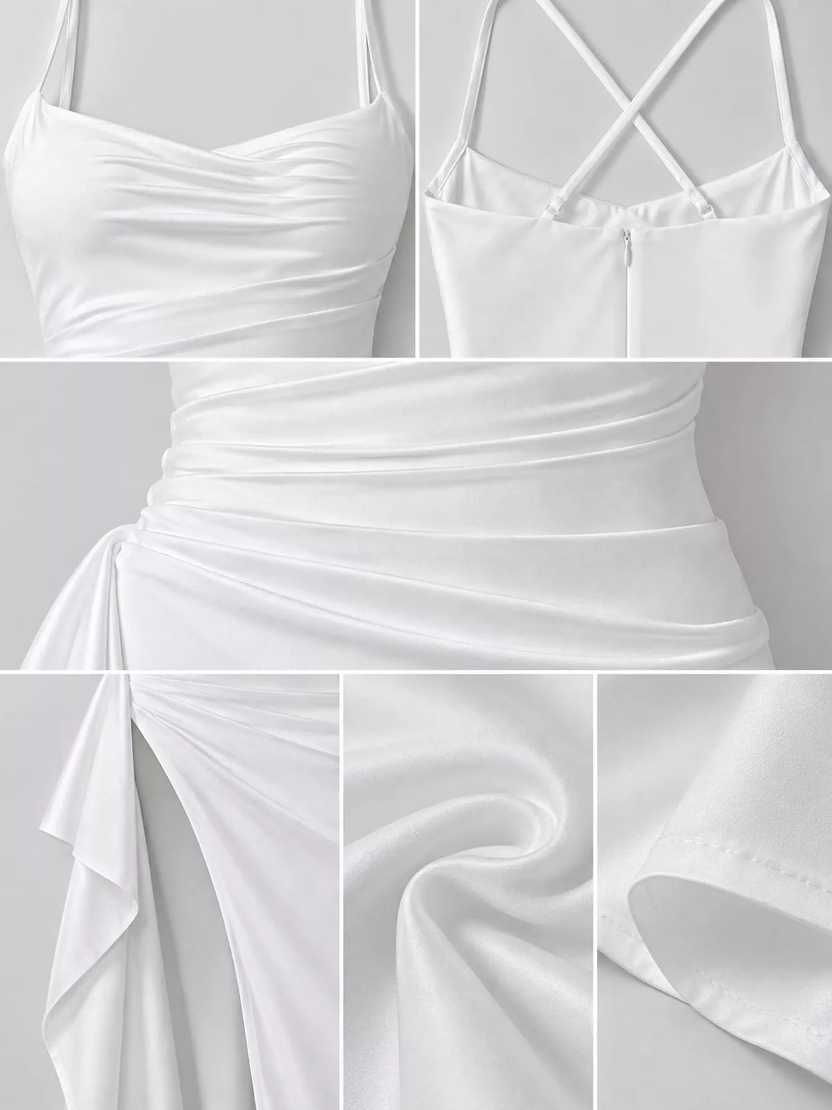 White satin ruched maxi dress detail: spaghetti straps, gathered waist, draped side slit.