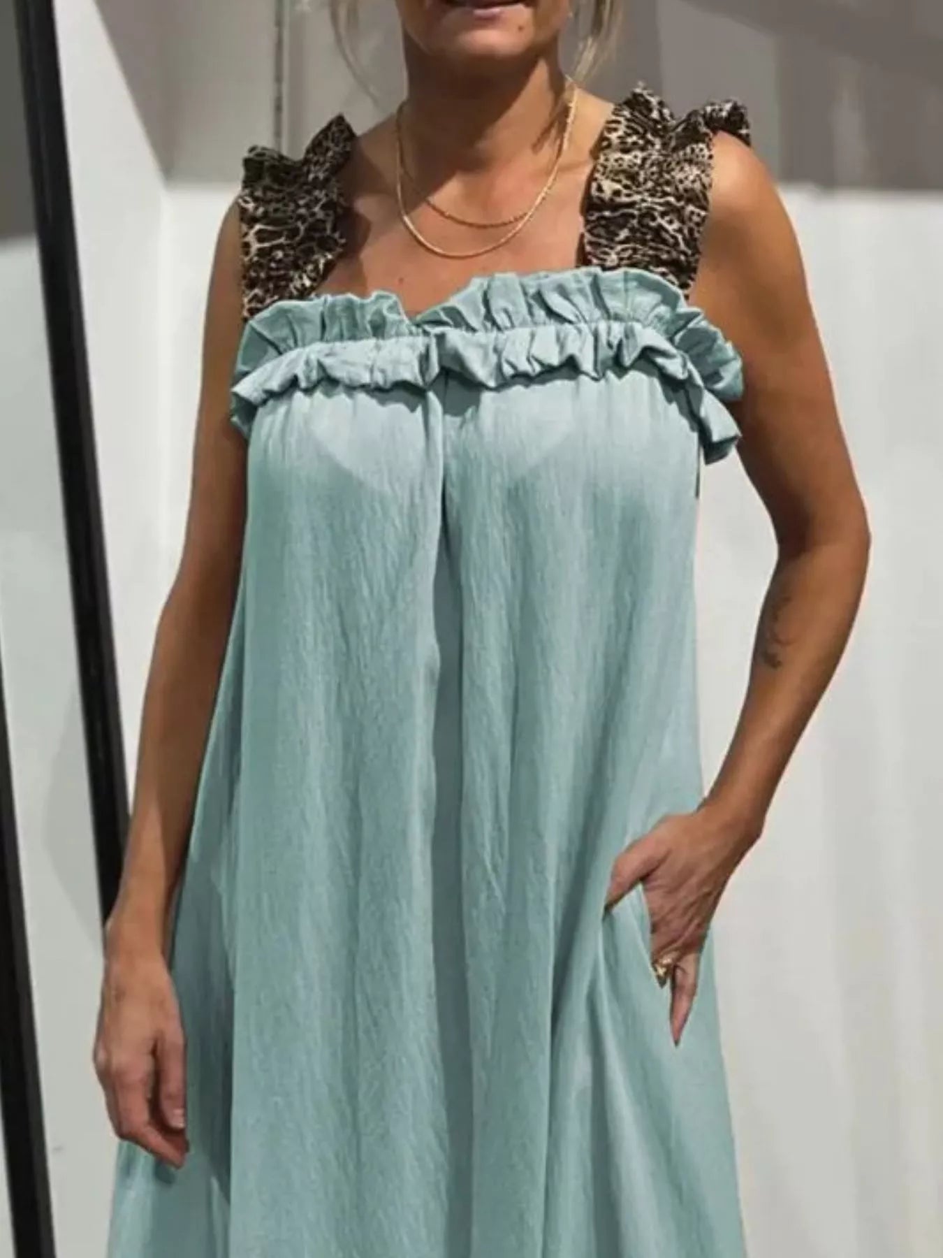 Full Size Ruffled Strap Flowy Maxi Dress teal pocketed plus size Trendsi