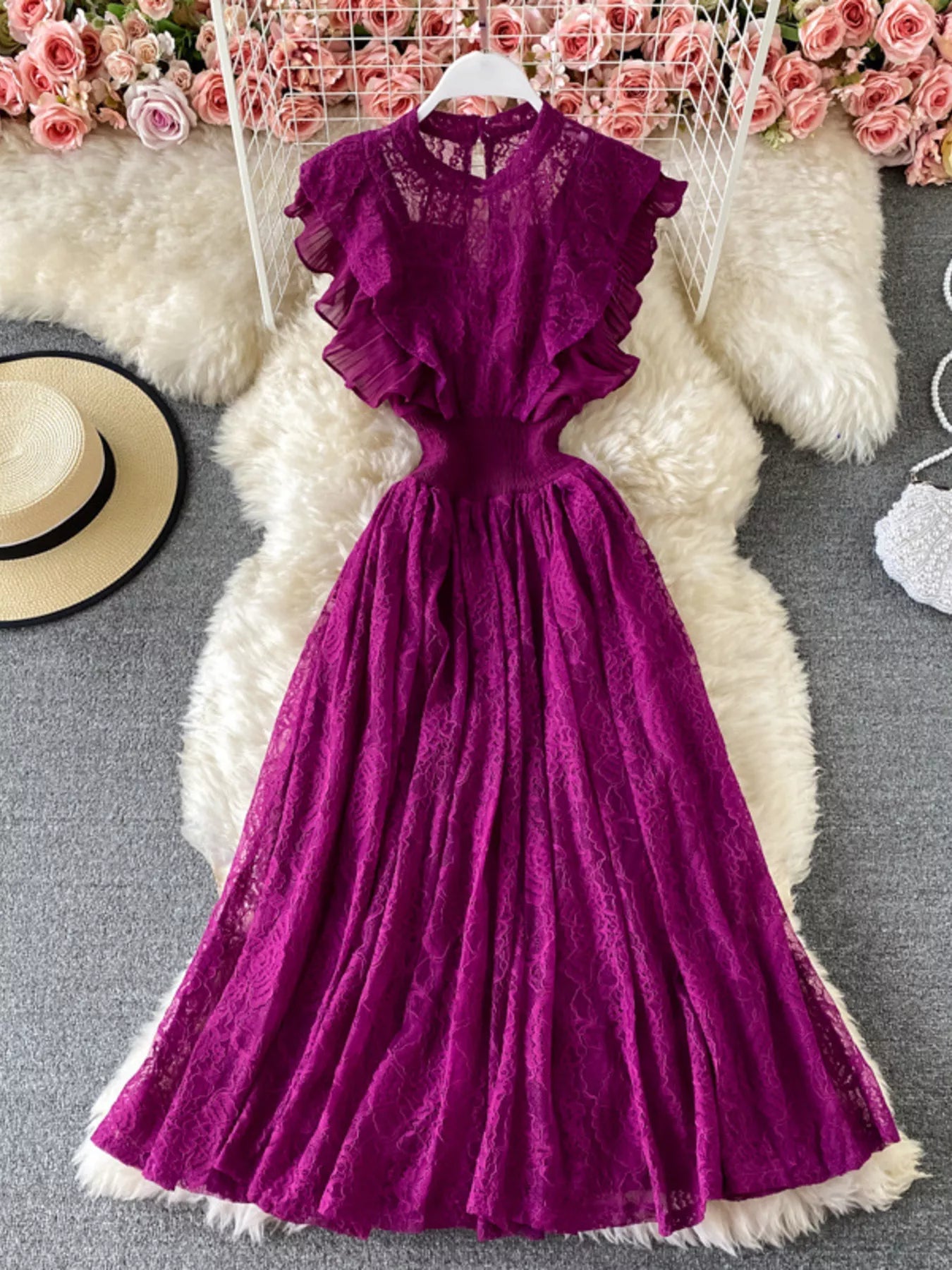 Cedar & Moore Ruffled Mock Neck Lace Maxi Dress in rich purple with lace overlay and ruffle sleeves