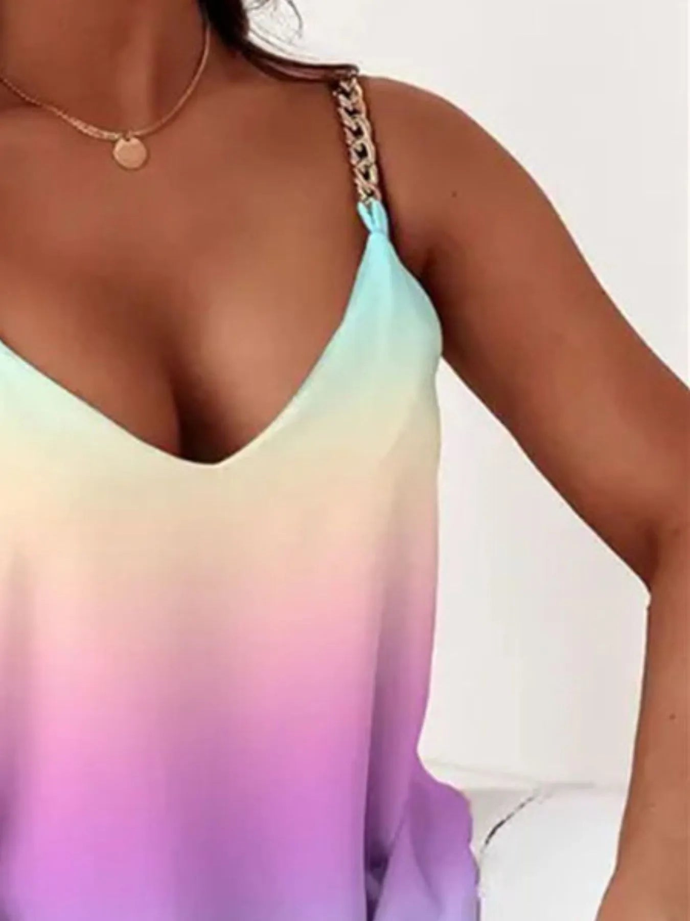 Chain-strap V-neck tank top in pastel lavender and pale blue gradient
