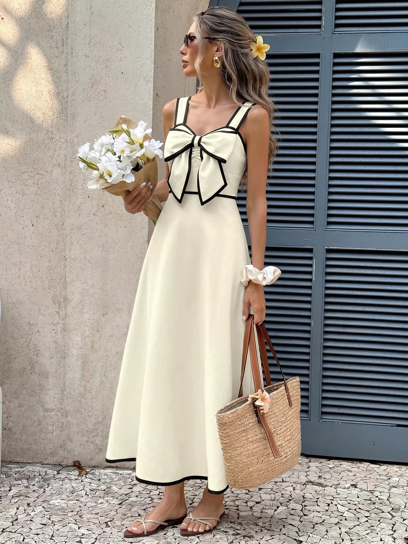 Cedar & Moore Bowknot Trim A-Line Midi Dress in cream with black piping; bow front and zipper, Trendsi