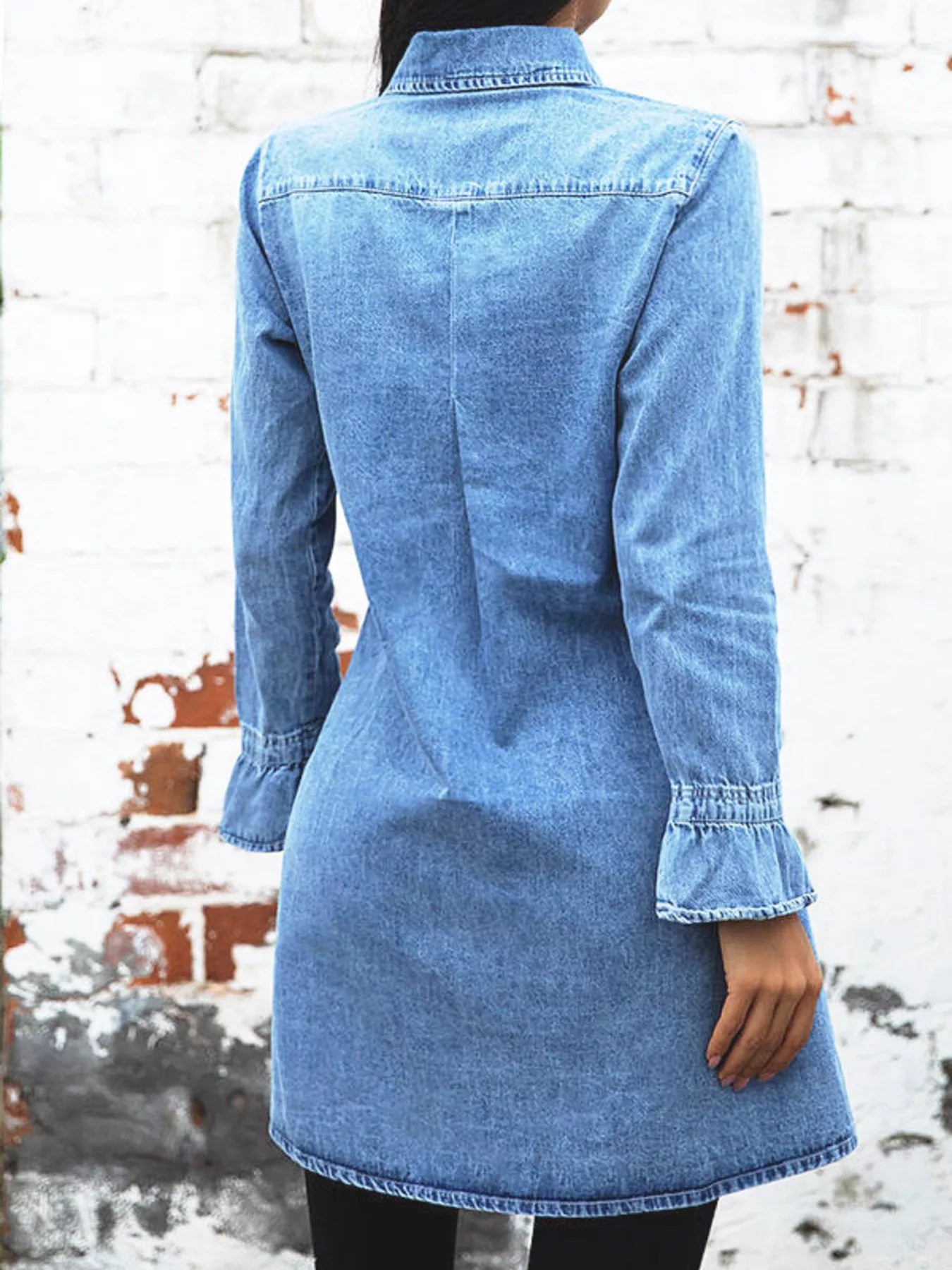 Cedar & Moore Button Front Long Sleeve Denim Dress in blue denim with pockets by Trendsi