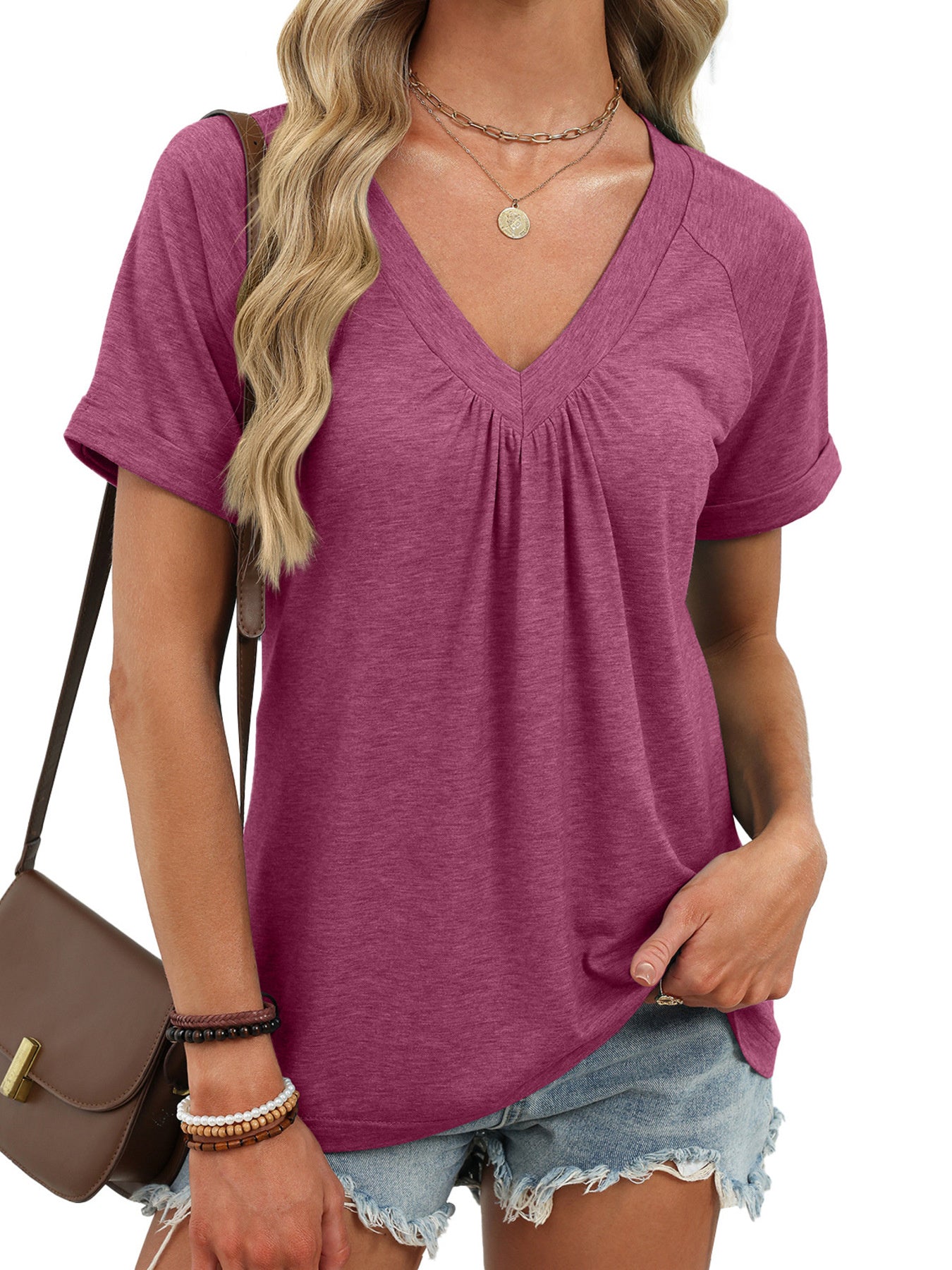 Cedar & Moore Casual V-Neck Short Sleeve T-Shirt, magenta ruched neckline, Trendsi.