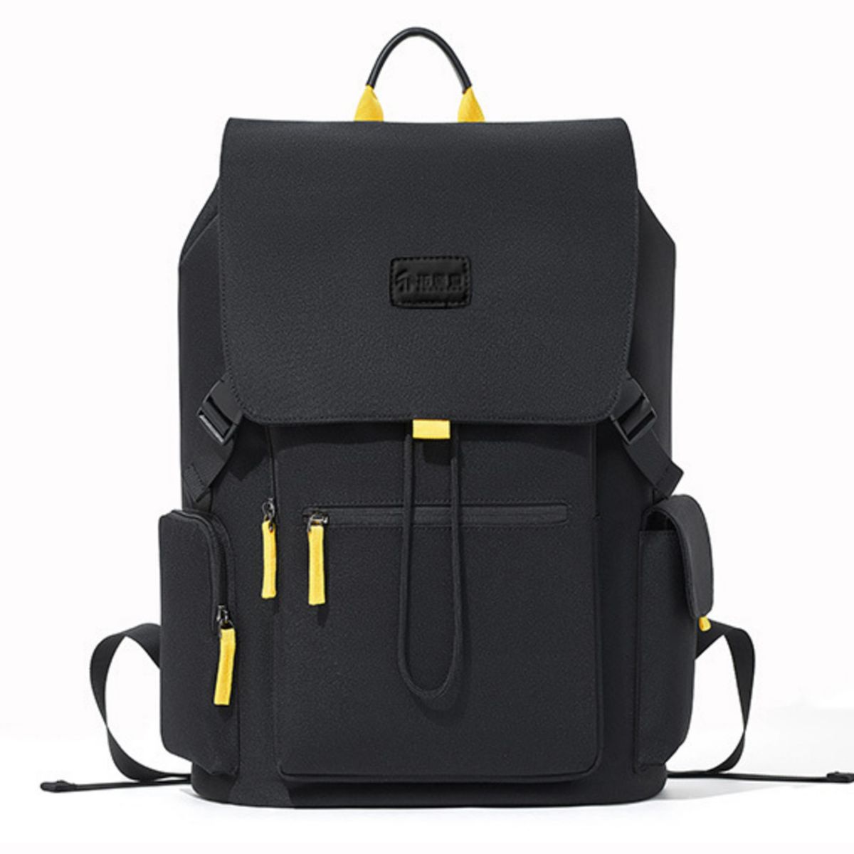 Cedar & Moore Flap-Over Backpack Bag, large black backpack with yellow zipper pulls, Trendsi