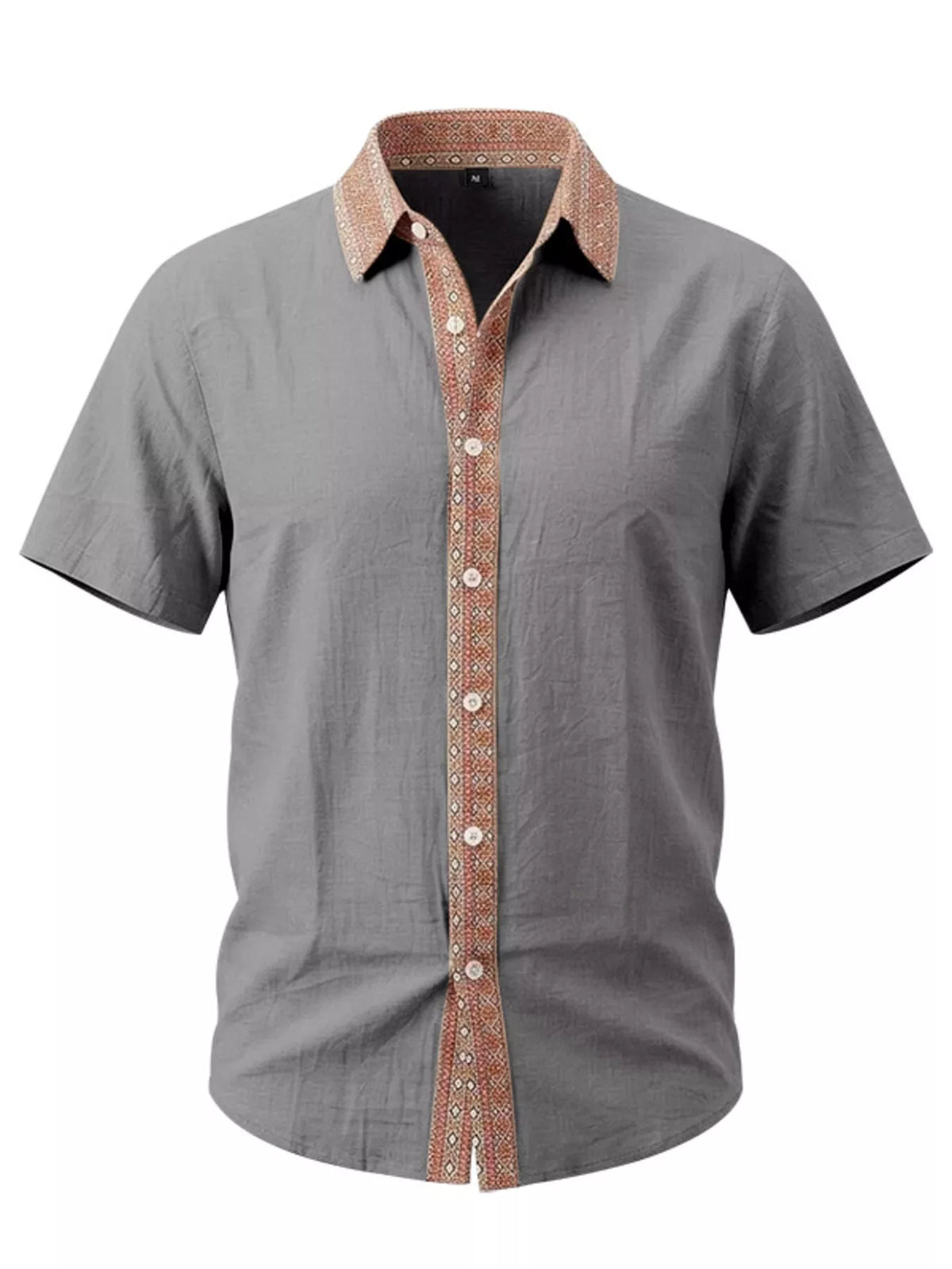Men's short-sleeve cotton stretch shirt, dark gray with patterned button placket