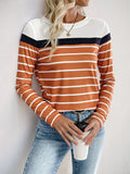 Terracotta striped long-sleeve T-shirt with white base and navy shoulder band
