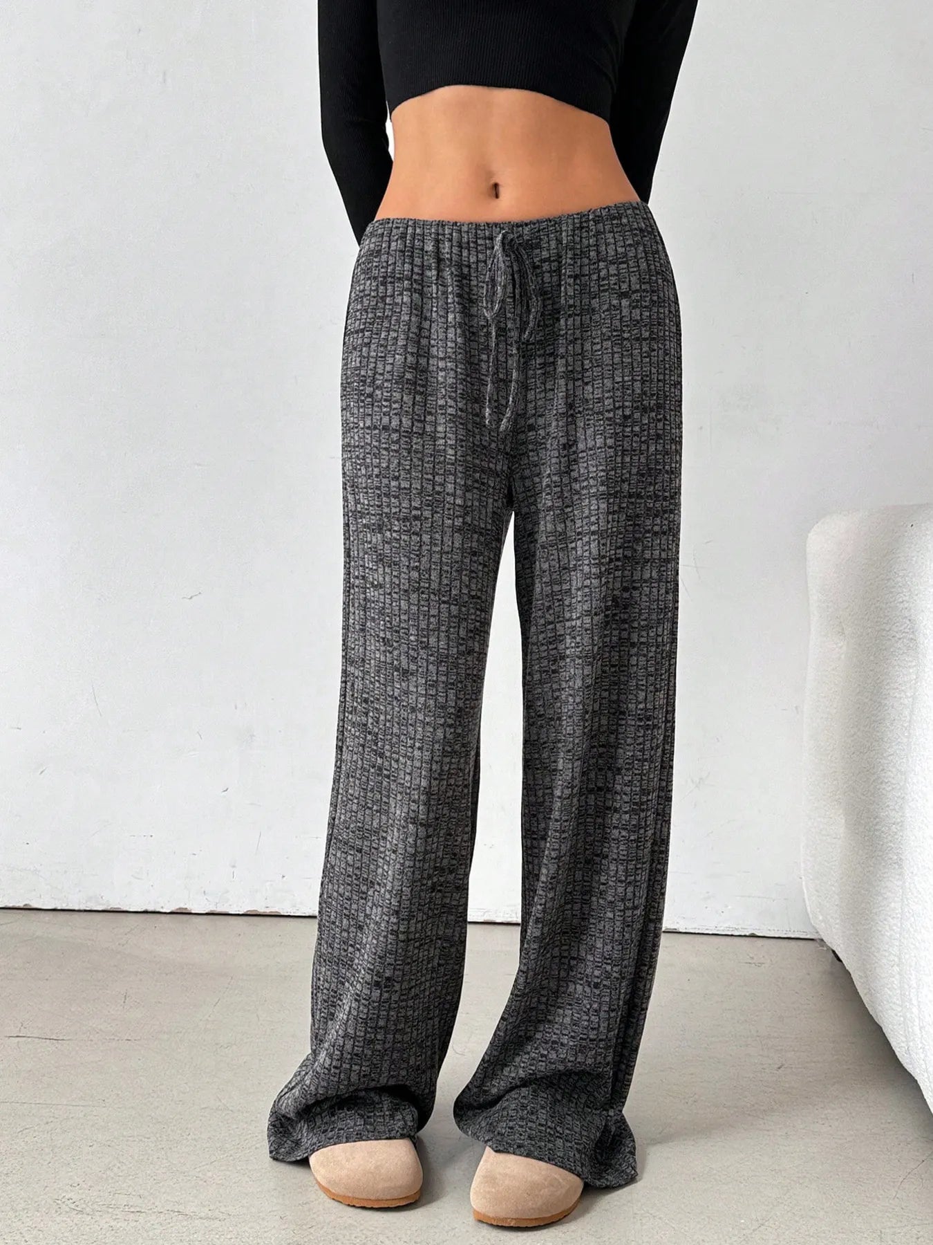 Dark gray striped wide-leg pants, elastic waistband and roomy legs