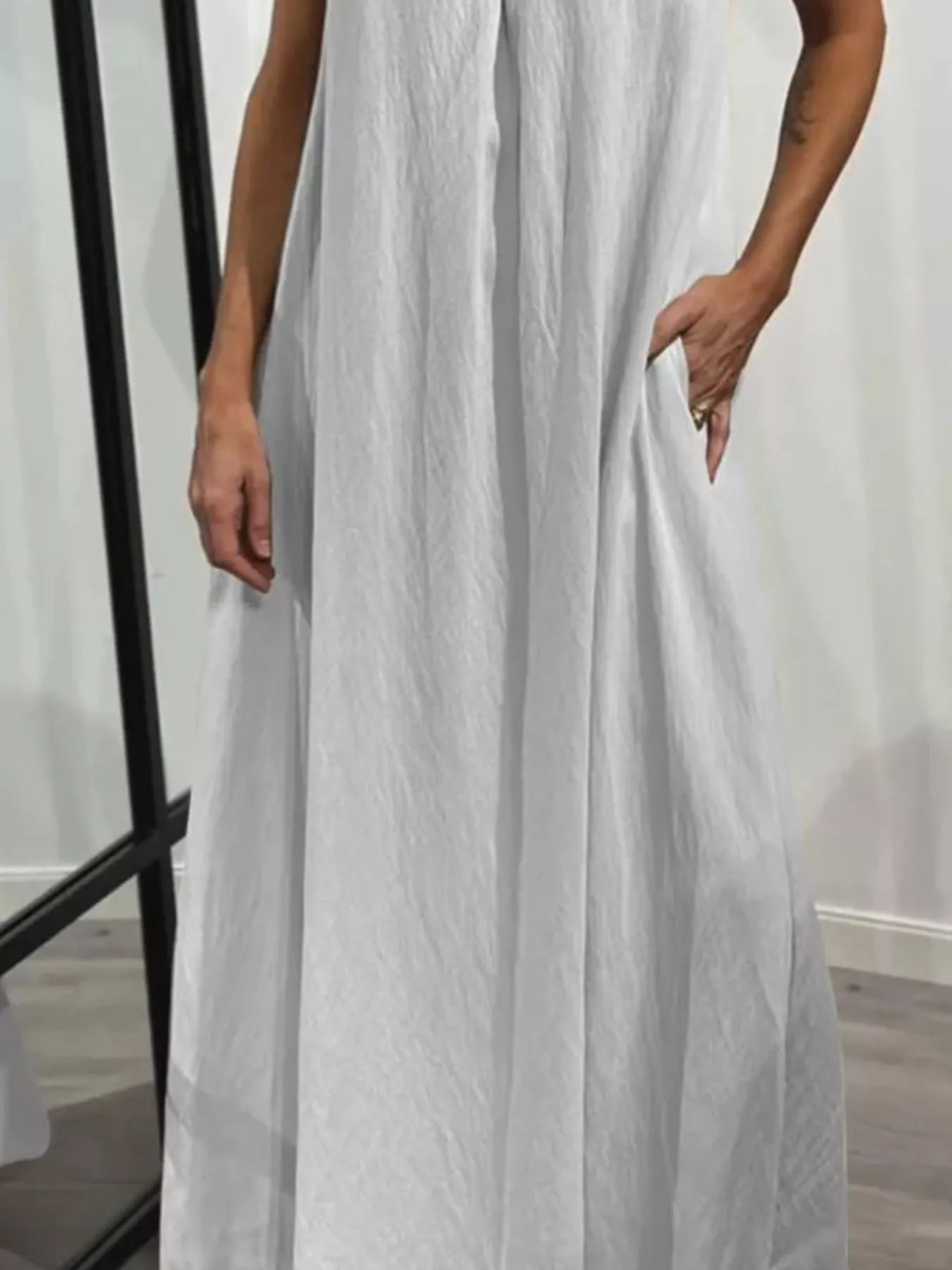 White full-size ruffled-strap flowy maxi dress with pockets plus size