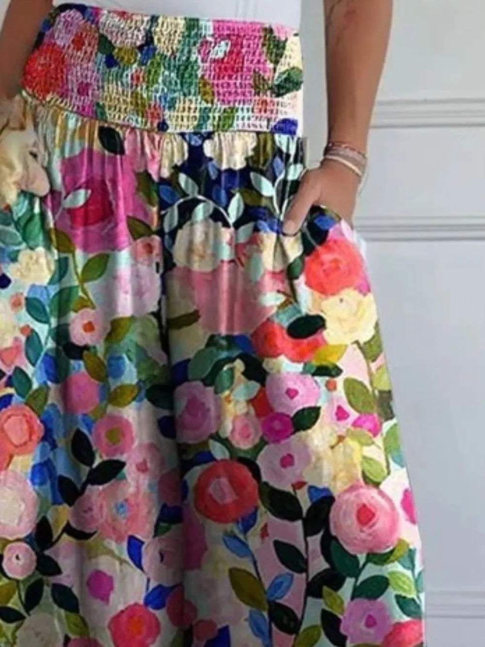 Colorful floral wide-leg pants with smocked waist and full skirt silhouette