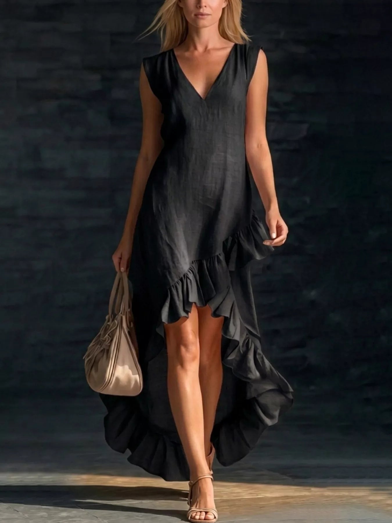Black V-neck sleeveless high-low dress with ruffle hem