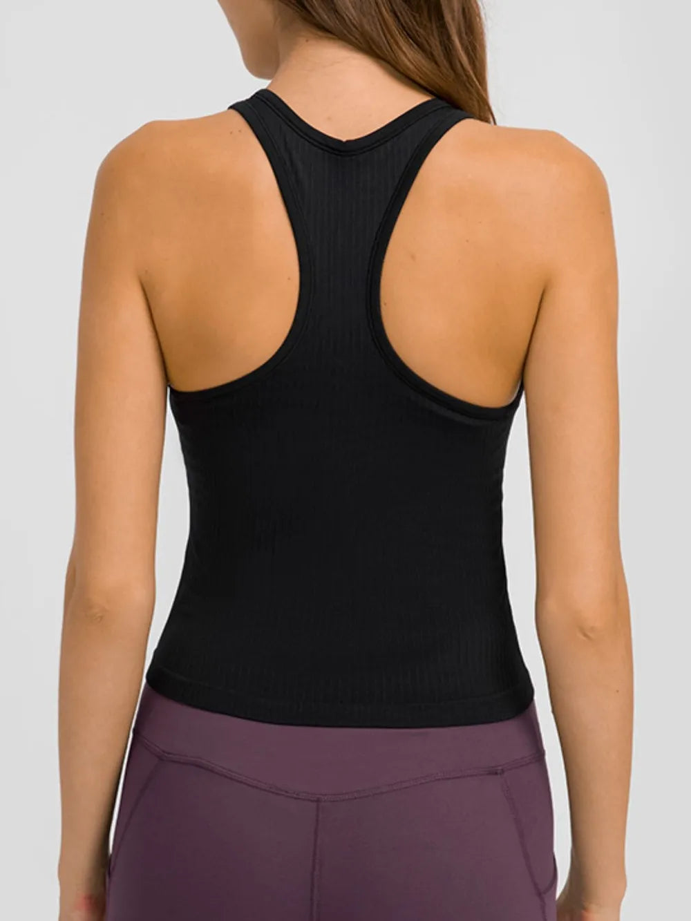 Black racerback active tank top, open back with wide strap design