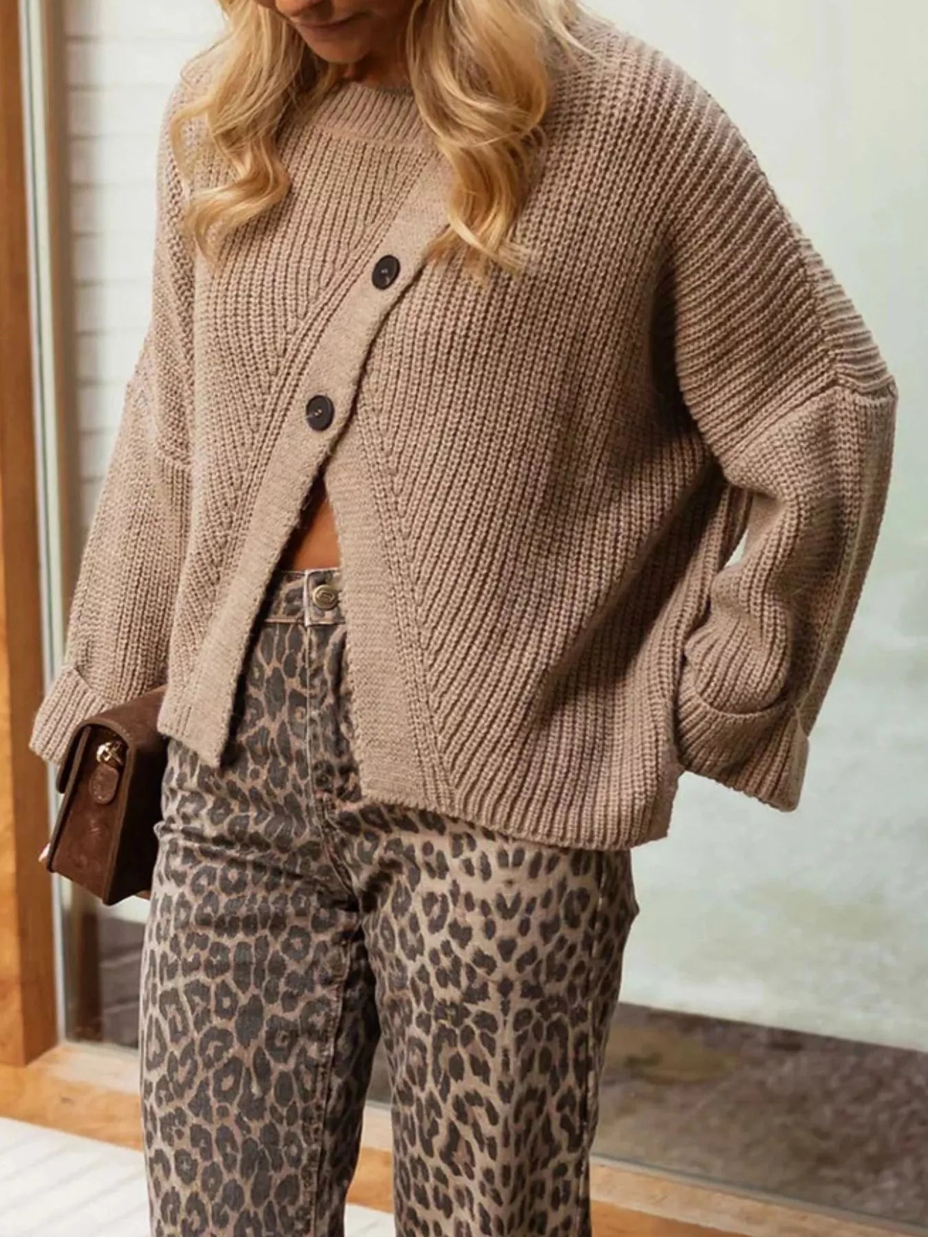 Asymmetrical button-detail knit sweater in khaki, V-shaped button placket