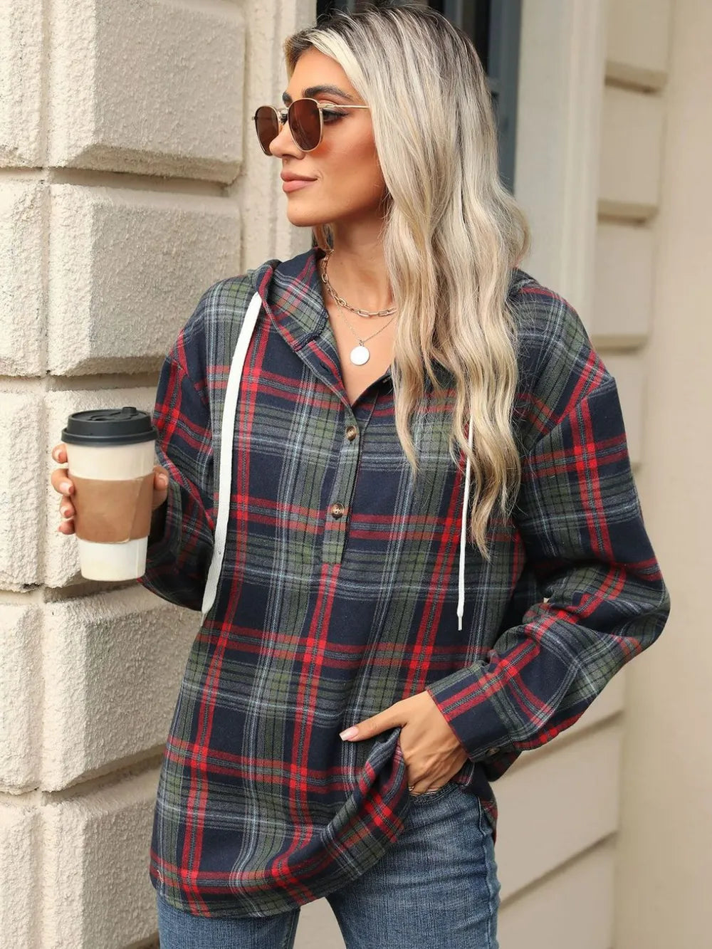 Plaid hooded long-sleeve top with drawstring, button front, and front pocket