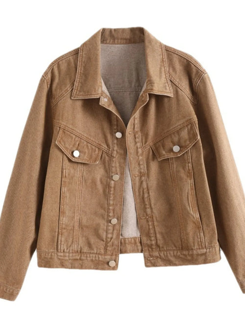 Khaki denim button-up long sleeve jacket with pointed collar and front button placket
