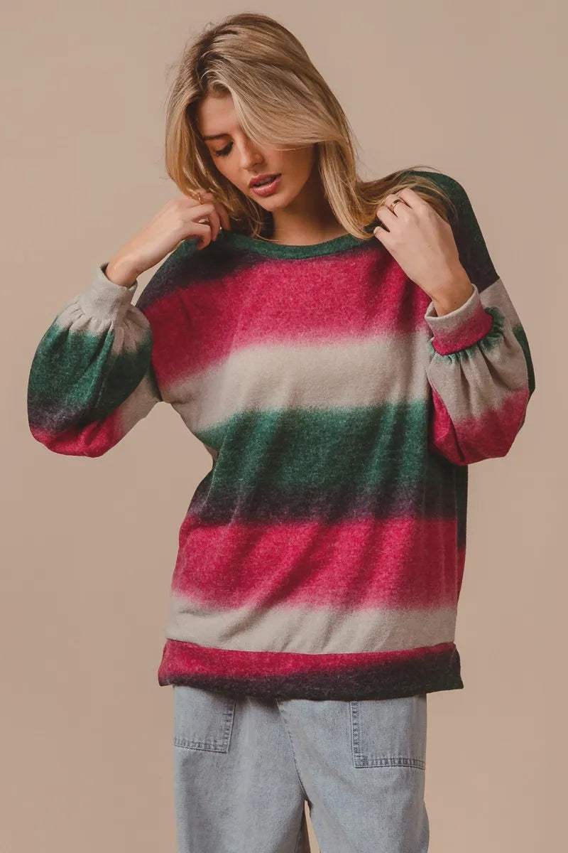 Striped knit top with crew neck; long sleeves and ribbed cuffs; fuchsia, cream, dark green