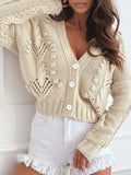 Beige cropped button-up sweater cardigan with cable knit texture and button front