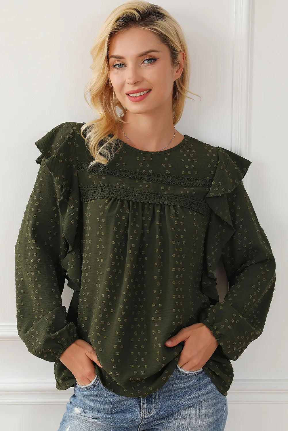 Ruffled round-neck blouse in dark olive green with tiered bodice and long sleeves