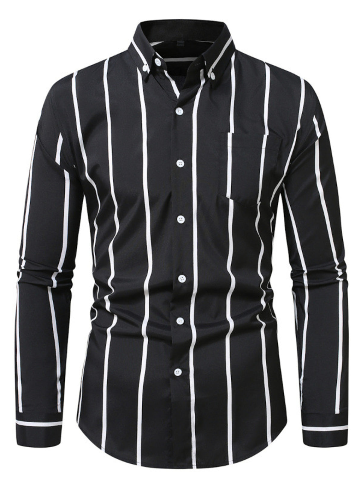 Men's slim fit striped button-up cotton shirt, black with white vertical stripes