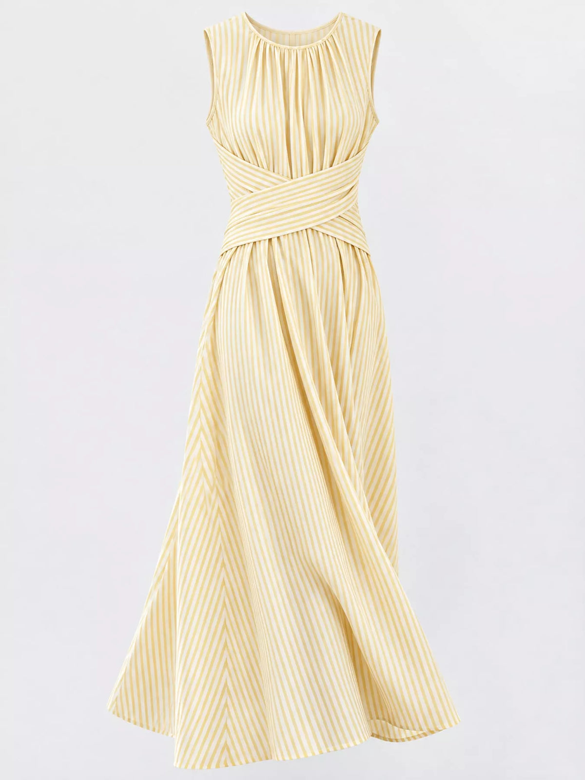 Light yellow striped sleeveless maxi dress with crisscross waist and flared skirt