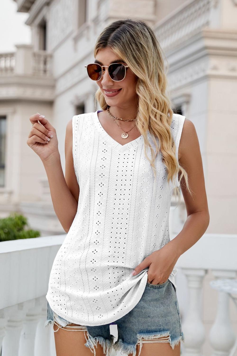 White eyelet V-neck tank top with lace-like eyelet panels and V neckline