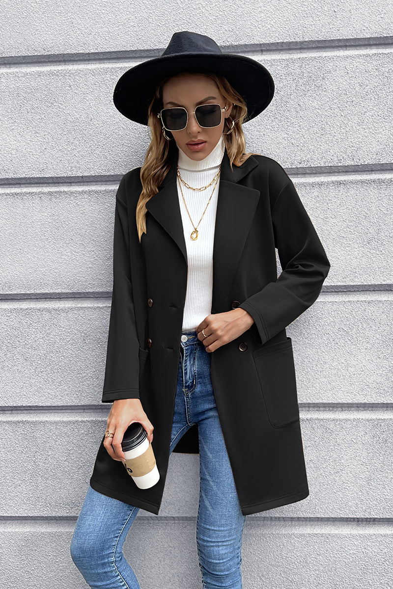 Black long sleeve lapel blazer with button front and side pocket, tailored fit