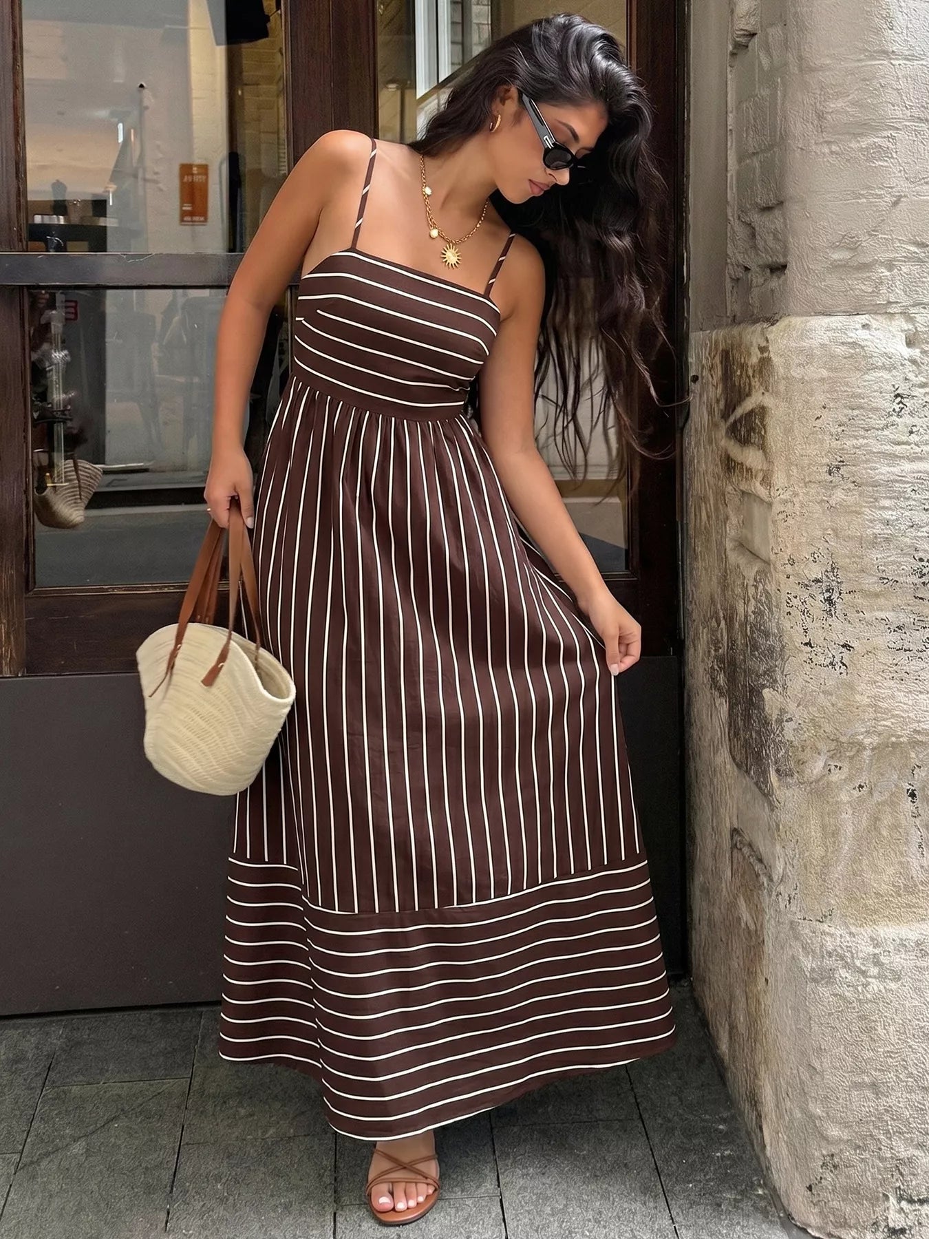 Cedar & Moore Striped Print Spaghetti Strap Maxi Dress in brown with white stripes