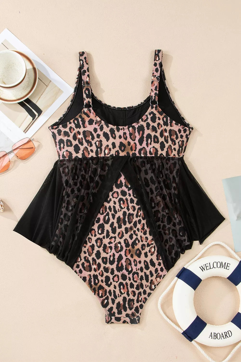 Leopard-print mesh V-neck half-sleeve swimsuit with black ruffle peplum overlay