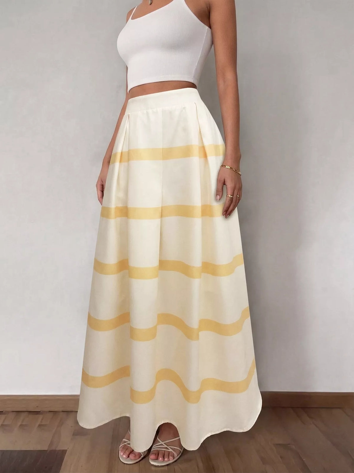 Yellow striped cream maxi skirt with elastic waistband, full gathered skirt